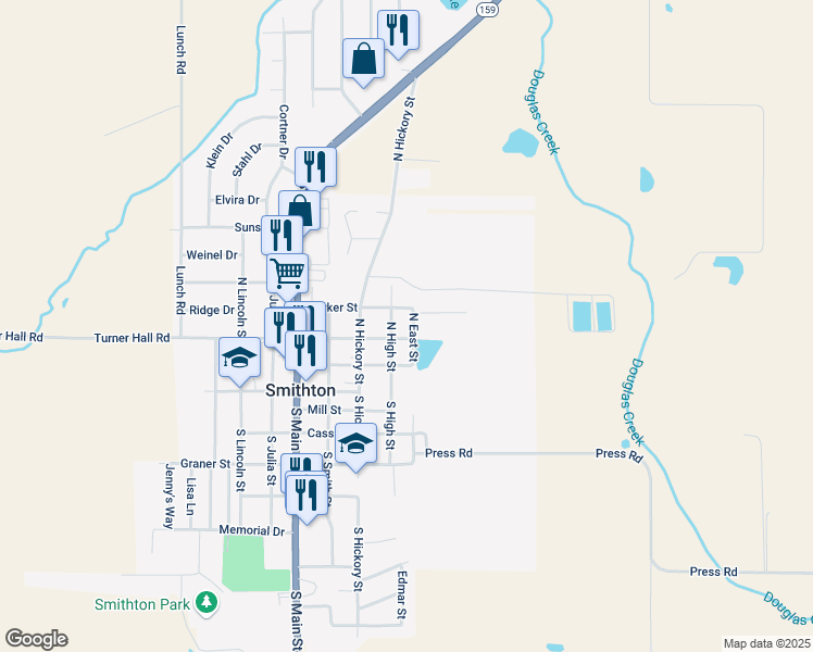 map of restaurants, bars, coffee shops, grocery stores, and more near 209 North East Street in Smithton