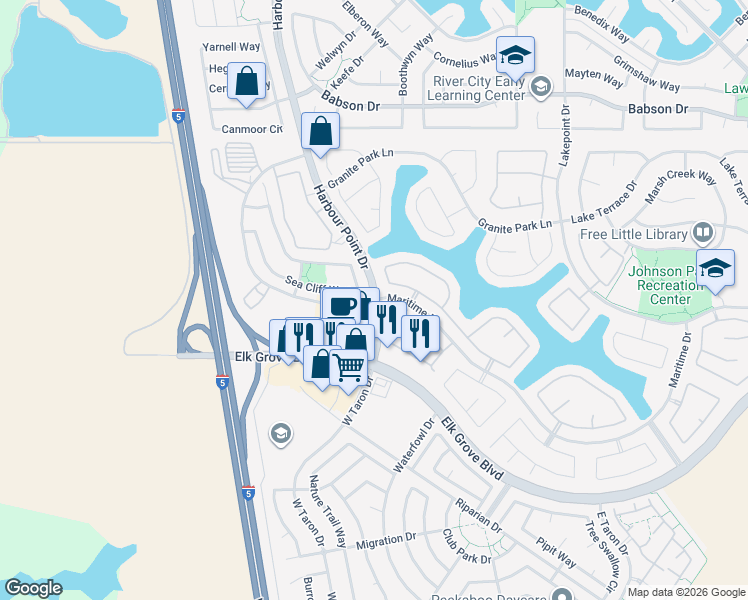 map of restaurants, bars, coffee shops, grocery stores, and more near Harbour Point Dr & Maritime Dr in Elk Grove