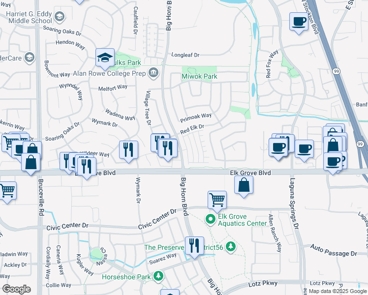 map of restaurants, bars, coffee shops, grocery stores, and more near 9556 South Coast Lane in Elk Grove