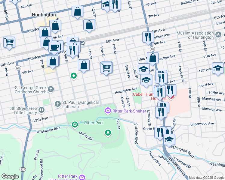map of restaurants, bars, coffee shops, grocery stores, and more near 1202 12th Avenue in Huntington