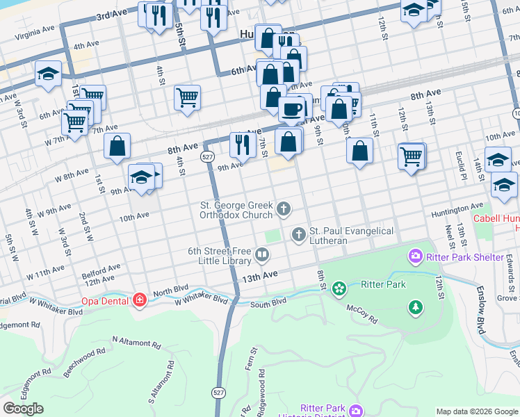 map of restaurants, bars, coffee shops, grocery stores, and more near 606 11th Avenue in Huntington