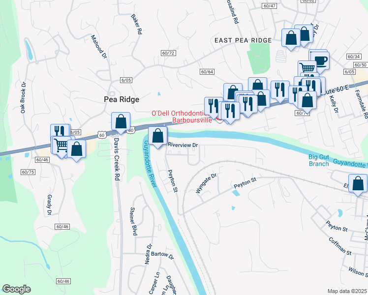 map of restaurants, bars, coffee shops, grocery stores, and more near 533 Riverview Drive in Barboursville