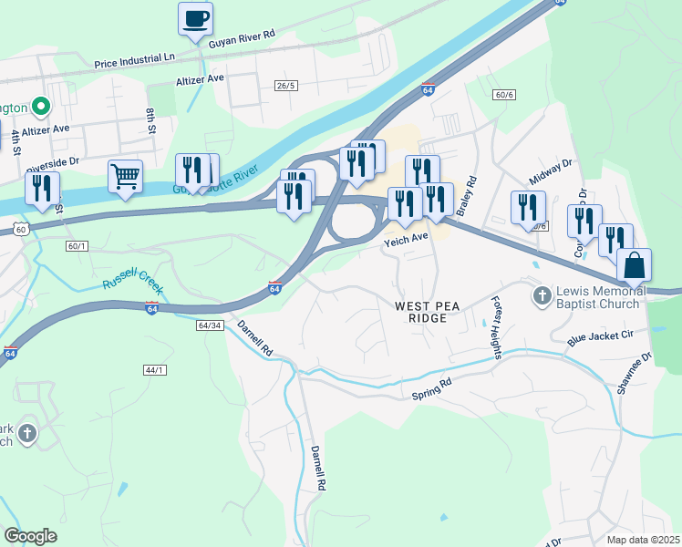 map of restaurants, bars, coffee shops, grocery stores, and more near 5098 West Pea Ridge Road in Huntington