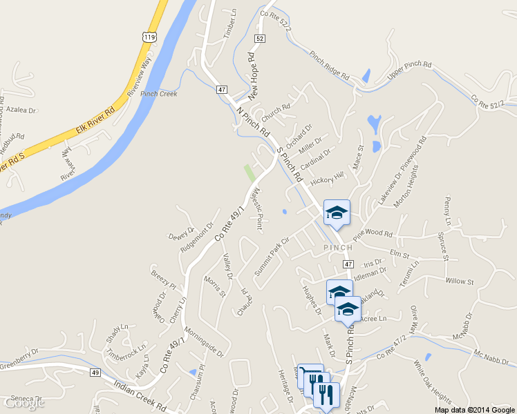 map of restaurants, bars, coffee shops, grocery stores, and more near Majestic Point in Elkview