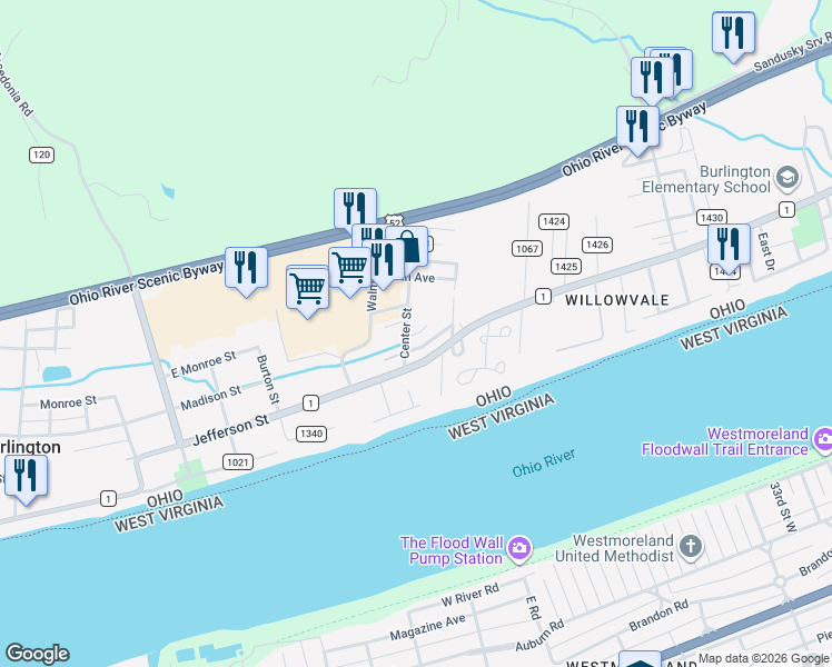map of restaurants, bars, coffee shops, grocery stores, and more near 4th Avenue in Burlington