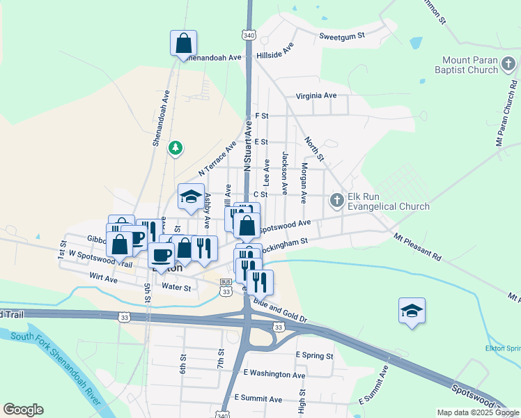 map of restaurants, bars, coffee shops, grocery stores, and more near 107 Lee Avenue in Elkton