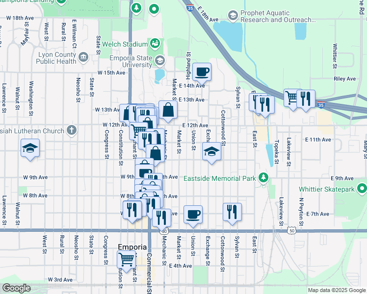 map of restaurants, bars, coffee shops, grocery stores, and more near 1014 Market Street in Emporia