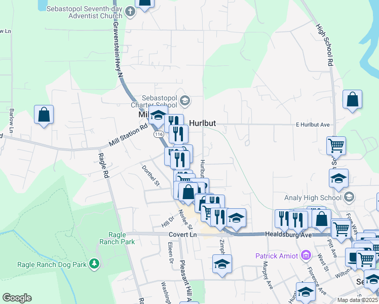 map of restaurants, bars, coffee shops, grocery stores, and more near 1009 Gravenstein Highway North in Sebastopol