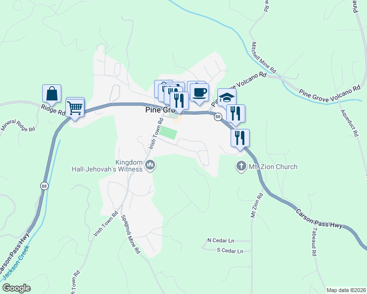 map of restaurants, bars, coffee shops, grocery stores, and more near 14074 Irish Town Road in Pine Grove