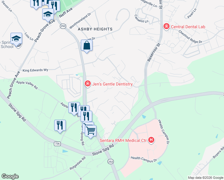 map of restaurants, bars, coffee shops, grocery stores, and more near 2062 Rosedale Court in Harrisonburg