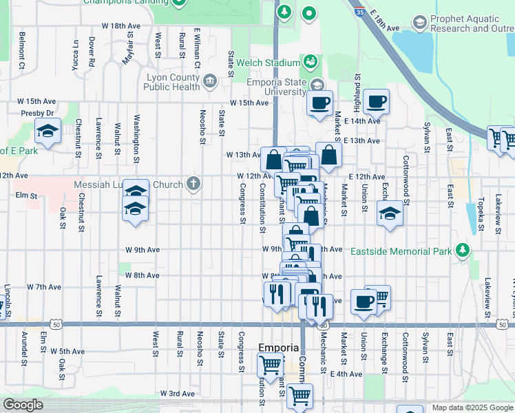 map of restaurants, bars, coffee shops, grocery stores, and more near 1020 Congress Street in Emporia