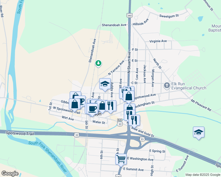 map of restaurants, bars, coffee shops, grocery stores, and more near 109 Ashby Avenue in Elkton