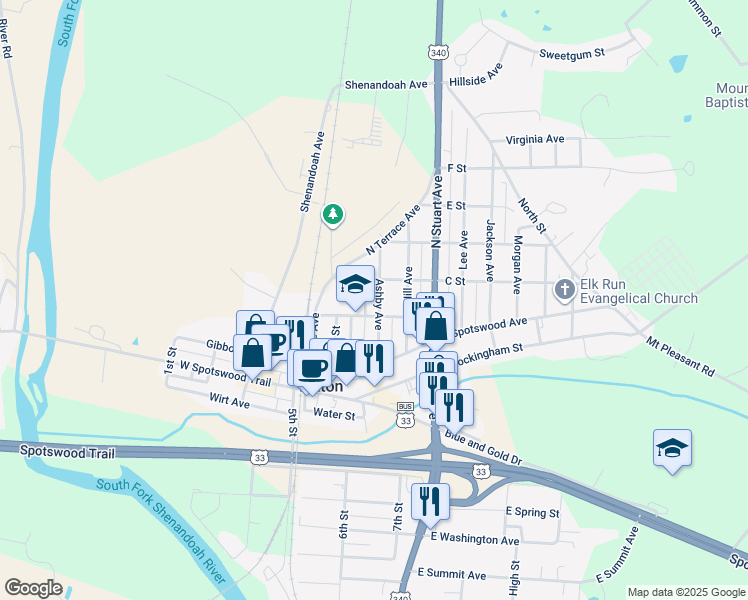 map of restaurants, bars, coffee shops, grocery stores, and more near 109 Ashby Avenue in Elkton