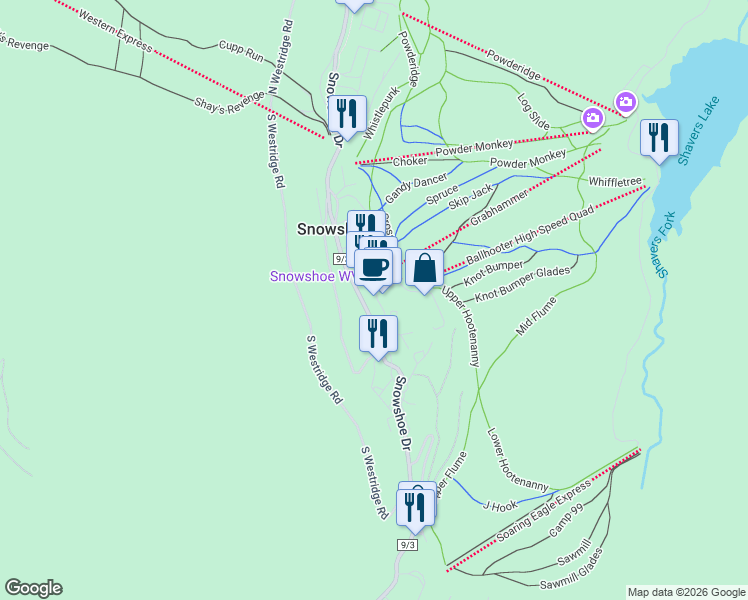 map of restaurants, bars, coffee shops, grocery stores, and more near 1 Snowshoe Drive in Snowshoe