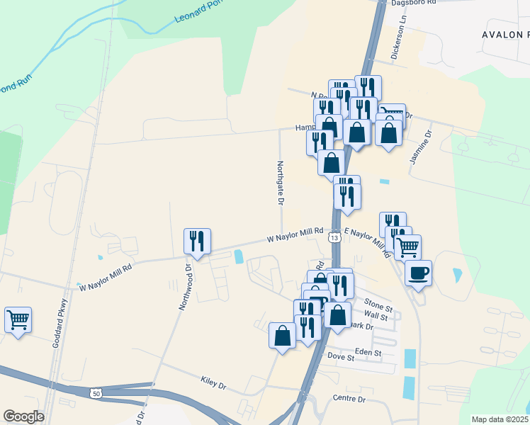 map of restaurants, bars, coffee shops, grocery stores, and more near 119 West Naylor Mill Road in Salisbury