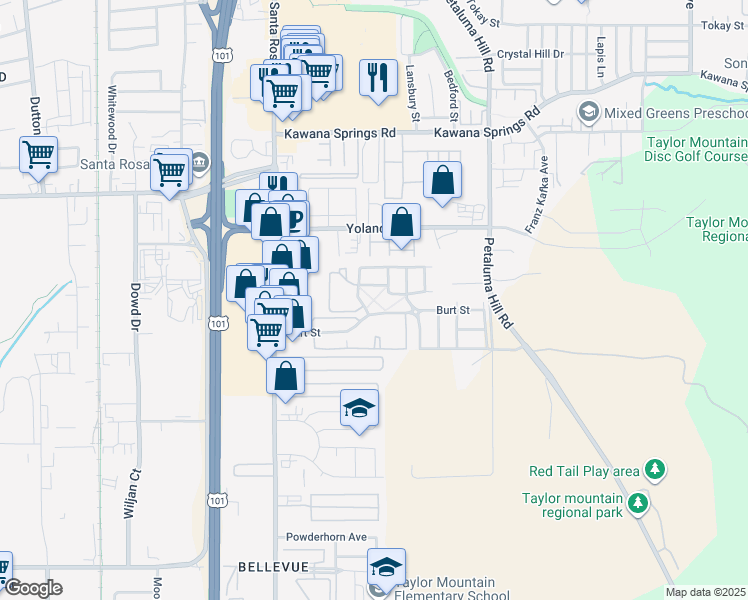 map of restaurants, bars, coffee shops, grocery stores, and more near 245 Burt Street in Santa Rosa