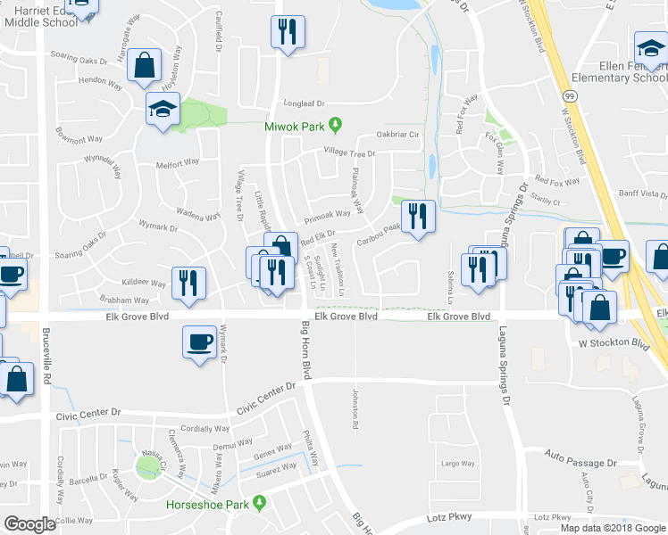 map of restaurants, bars, coffee shops, grocery stores, and more near 9554 New Tradition Lane in Elk Grove