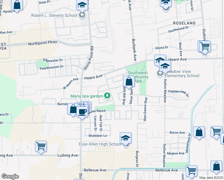 map of restaurants, bars, coffee shops, grocery stores, and more near 2625 Arrowhead Drive in Santa Rosa