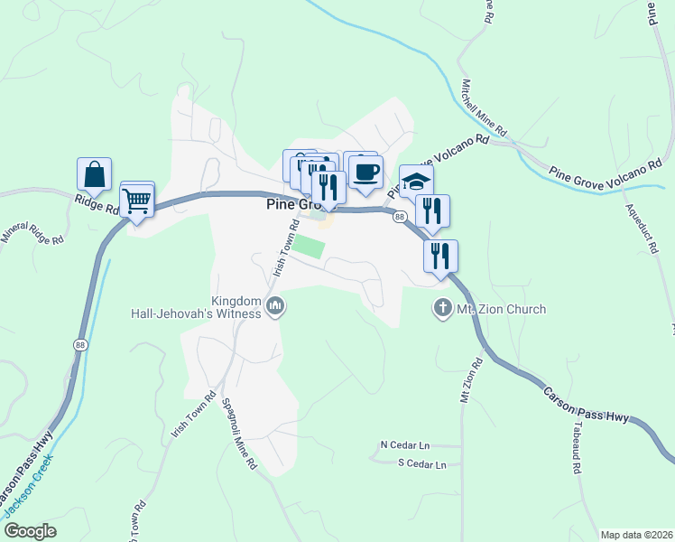 map of restaurants, bars, coffee shops, grocery stores, and more near 14074 Irish Town Road in Pine Grove