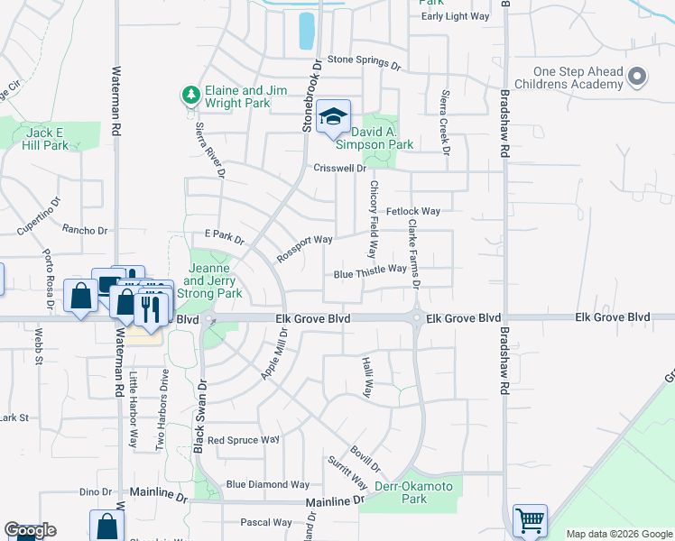 map of restaurants, bars, coffee shops, grocery stores, and more near 9550 Appaloosa Place in Elk Grove