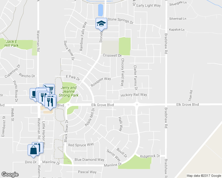 map of restaurants, bars, coffee shops, grocery stores, and more near 9550 Appaloosa Place in Elk Grove