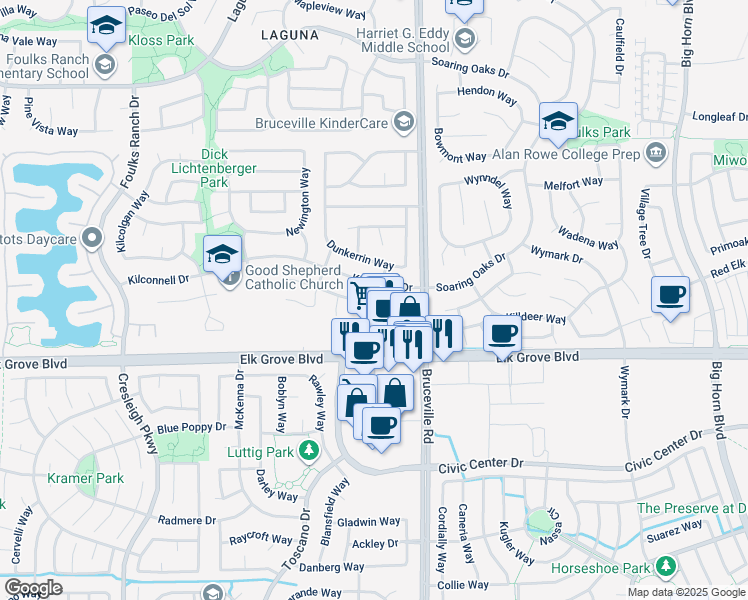map of restaurants, bars, coffee shops, grocery stores, and more near 9542 Fox Wind Court in Elk Grove