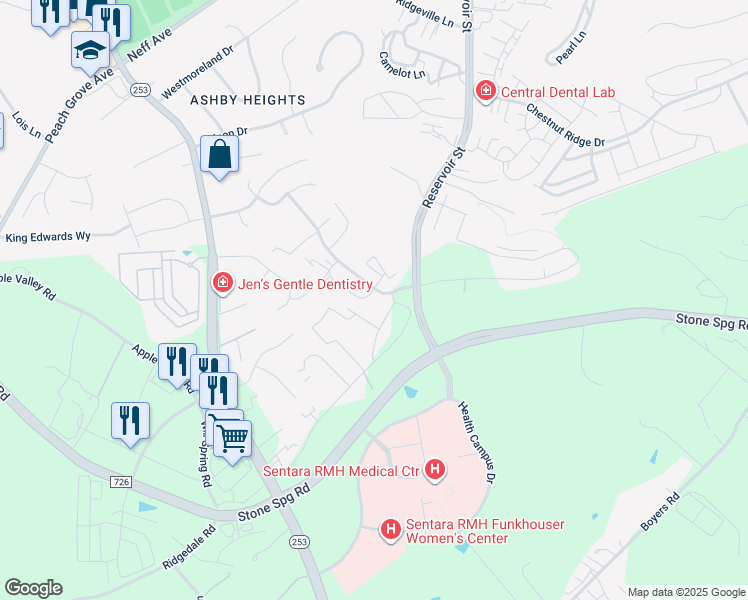 map of restaurants, bars, coffee shops, grocery stores, and more near 2191 Secrist Lane in Harrisonburg