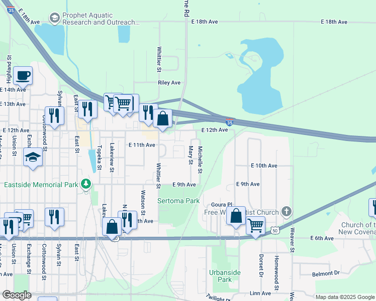 map of restaurants, bars, coffee shops, grocery stores, and more near 1007 Mary Street in Emporia