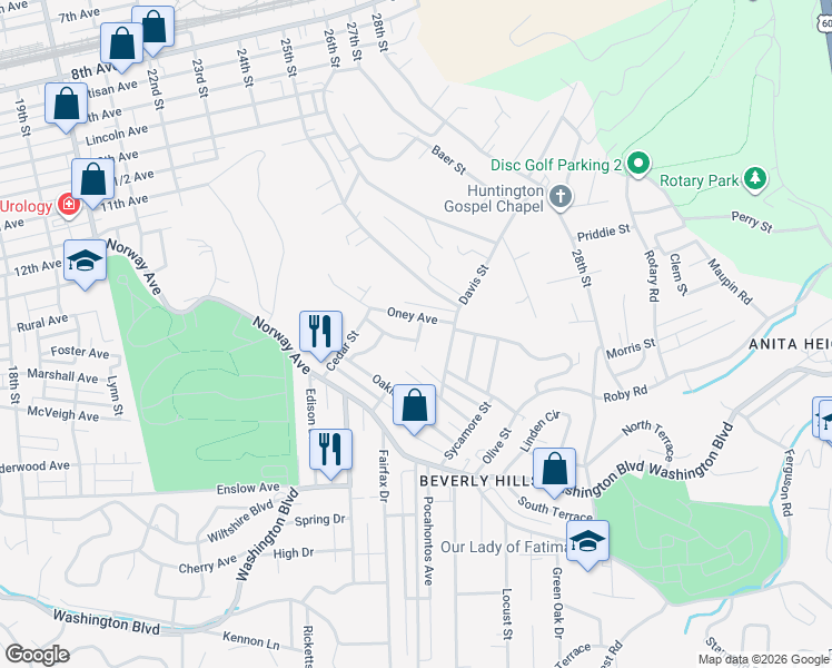 map of restaurants, bars, coffee shops, grocery stores, and more near 132 Park Street in Huntington