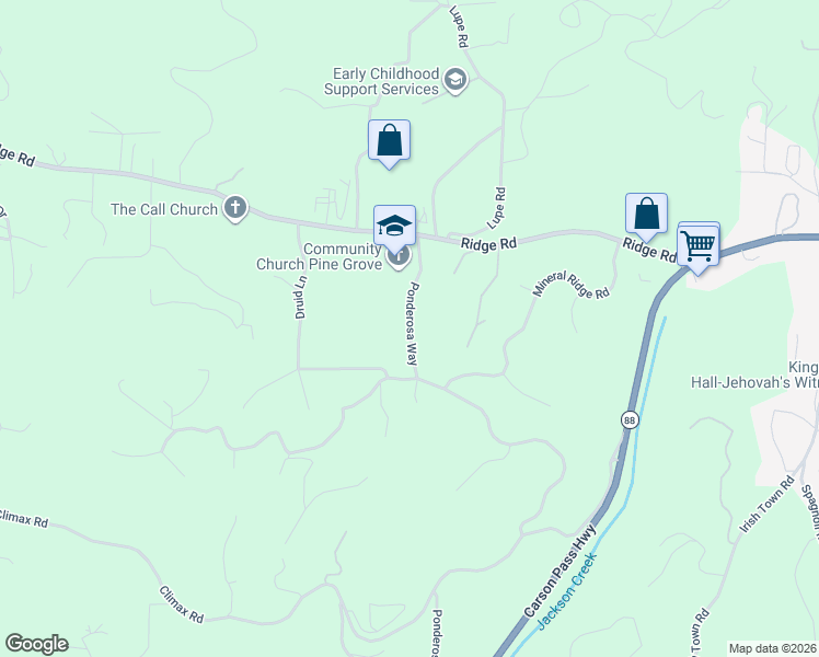 map of restaurants, bars, coffee shops, grocery stores, and more near 13900 Ponderosa Way in Pine Grove