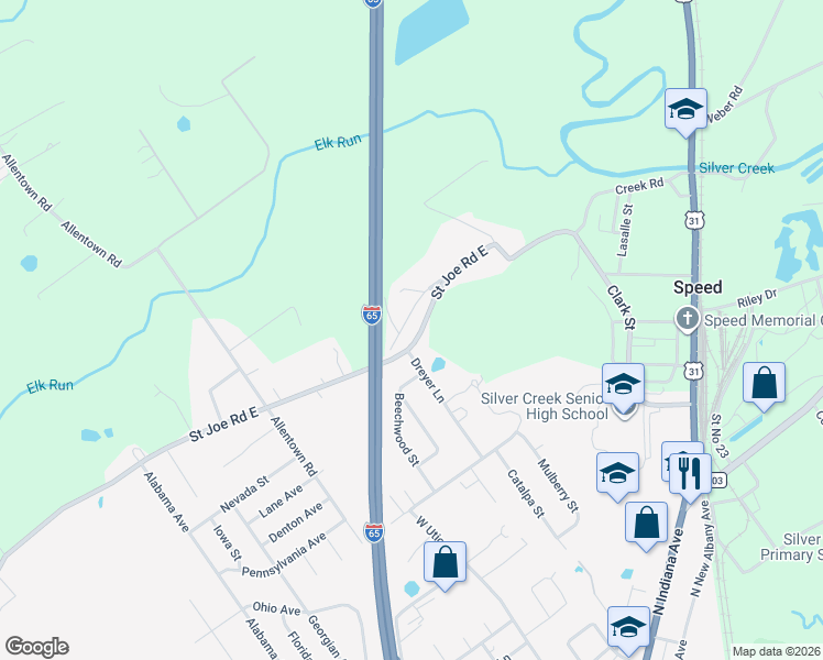 map of restaurants, bars, coffee shops, grocery stores, and more near 440 Saint Joe Road East in Sellersburg