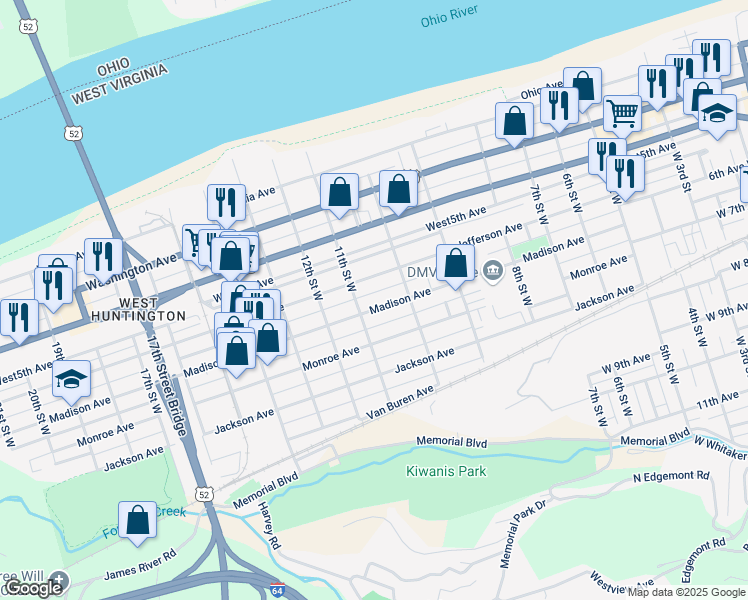 map of restaurants, bars, coffee shops, grocery stores, and more near 1037 1/2 Madison Avenue in Huntington