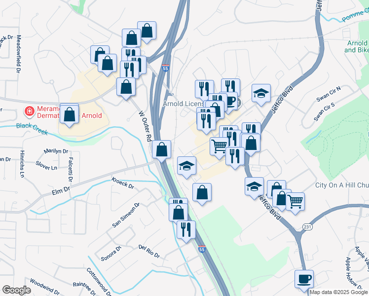 map of restaurants, bars, coffee shops, grocery stores, and more near 3619 Richardson Square Drive in Arnold