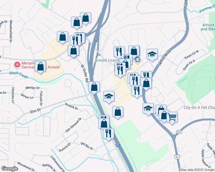 map of restaurants, bars, coffee shops, grocery stores, and more near 3619 Richardson Square Drive in Arnold
