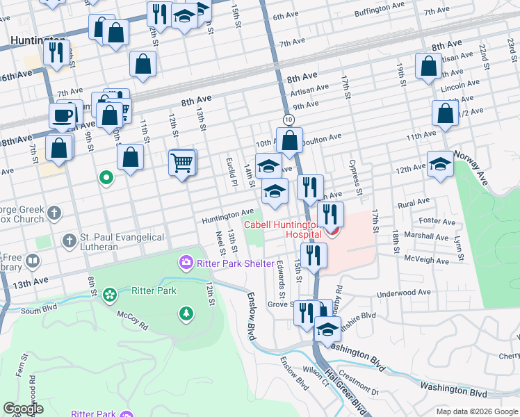 map of restaurants, bars, coffee shops, grocery stores, and more near 1540 Huntington Avenue in Huntington