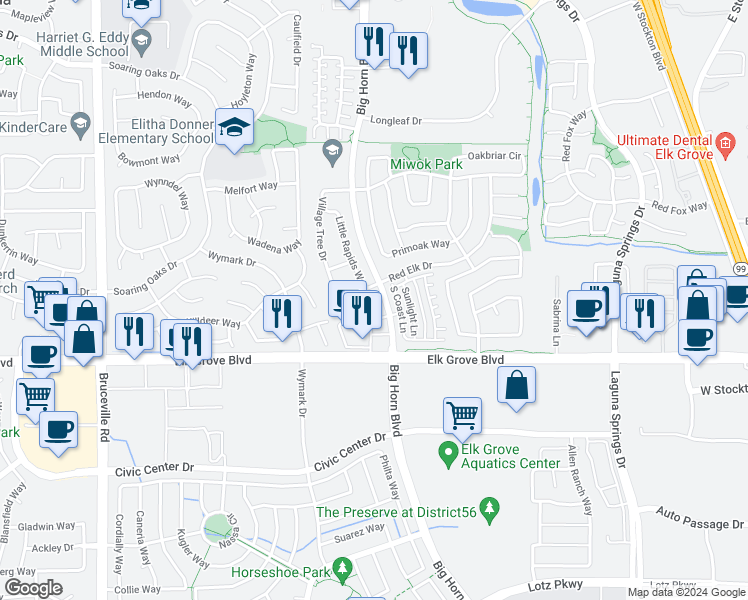map of restaurants, bars, coffee shops, grocery stores, and more near 9626 Village Tree Drive in Elk Grove