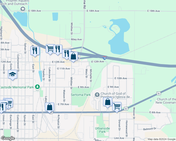 map of restaurants, bars, coffee shops, grocery stores, and more near 1018 Mary Street in Emporia