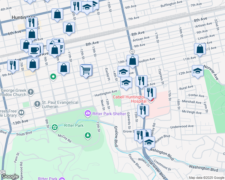 map of restaurants, bars, coffee shops, grocery stores, and more near 1313 Huntington Avenue in Huntington