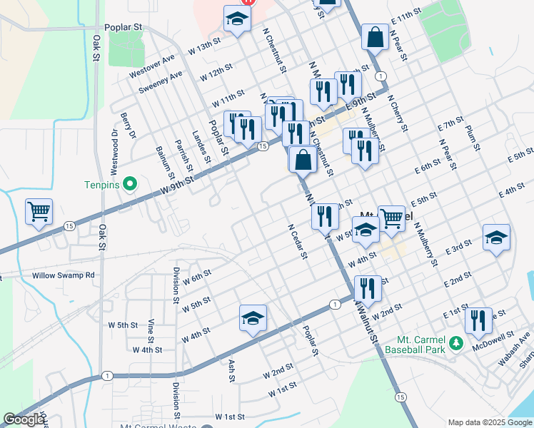 map of restaurants, bars, coffee shops, grocery stores, and more near 400-498 W 6th St in Mt Carmel