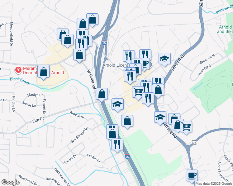 map of restaurants, bars, coffee shops, grocery stores, and more near 3619 Richardson Square Drive in Arnold