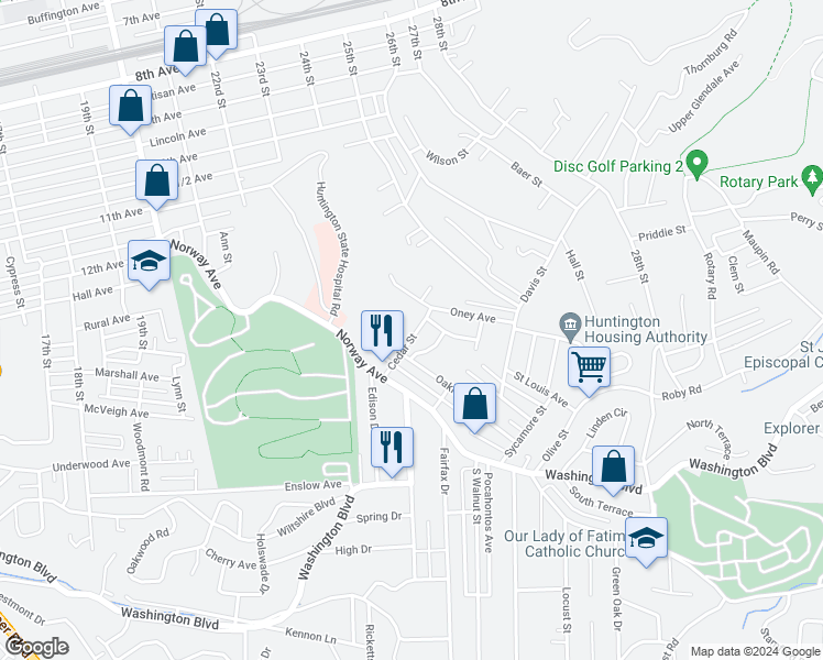 map of restaurants, bars, coffee shops, grocery stores, and more near 137 Cedar Street in Huntington