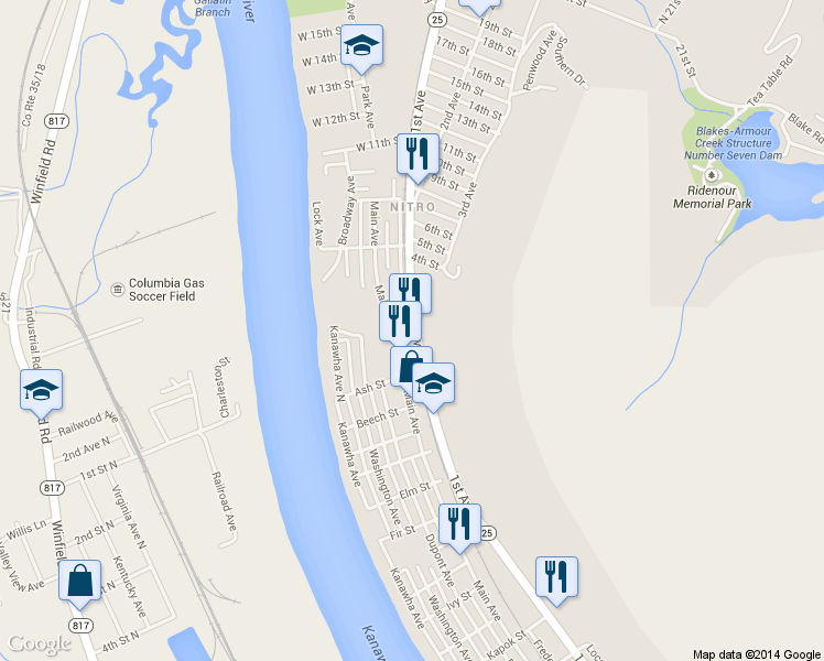 map of restaurants, bars, coffee shops, grocery stores, and more near 180 Main Ave N in Nitro