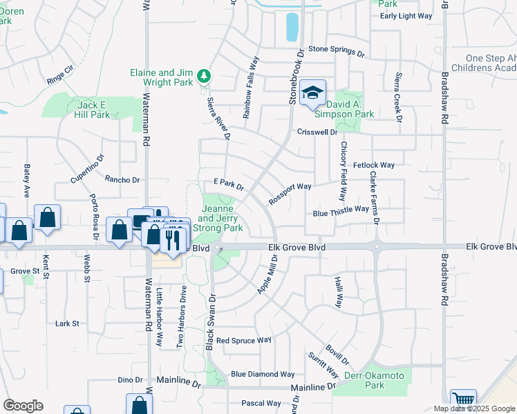 map of restaurants, bars, coffee shops, grocery stores, and more near 9546 East Park Drive in Elk Grove