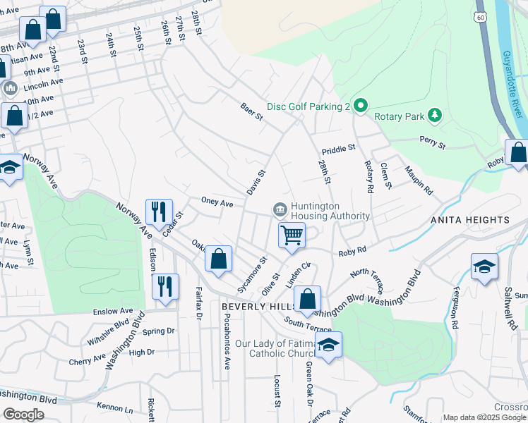 map of restaurants, bars, coffee shops, grocery stores, and more near 344 Oney Avenue in Huntington
