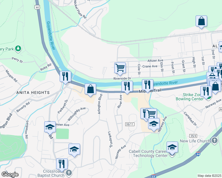 map of restaurants, bars, coffee shops, grocery stores, and more near 3203 U.S. 60 in Huntington