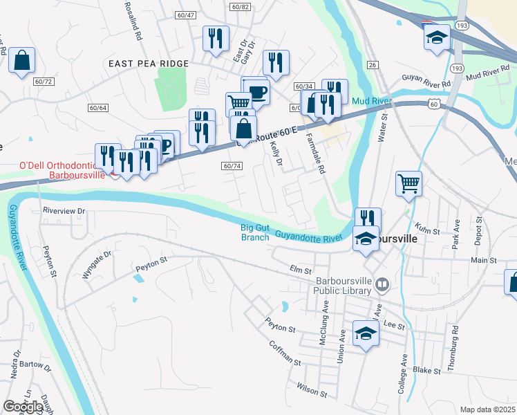 map of restaurants, bars, coffee shops, grocery stores, and more near 137 Miller Drive in Barboursville