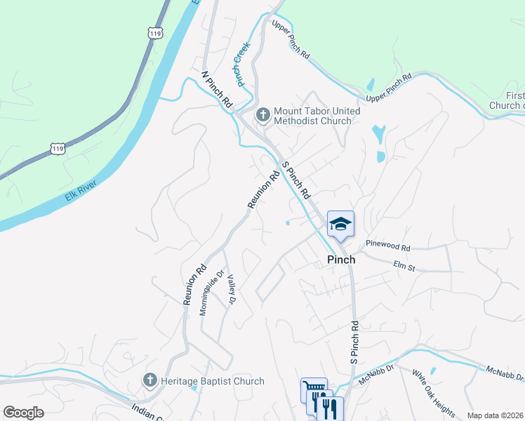 map of restaurants, bars, coffee shops, grocery stores, and more near Majestic Point in Elkview