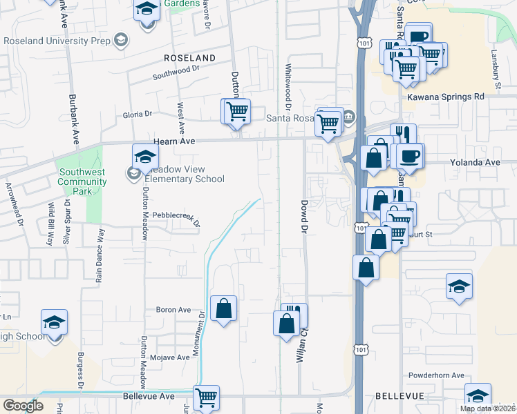 map of restaurants, bars, coffee shops, grocery stores, and more near 2721 Victoria Drive in Santa Rosa