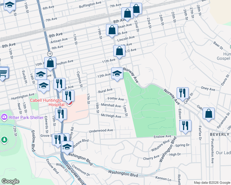 map of restaurants, bars, coffee shops, grocery stores, and more near 1500 19th Street in Huntington