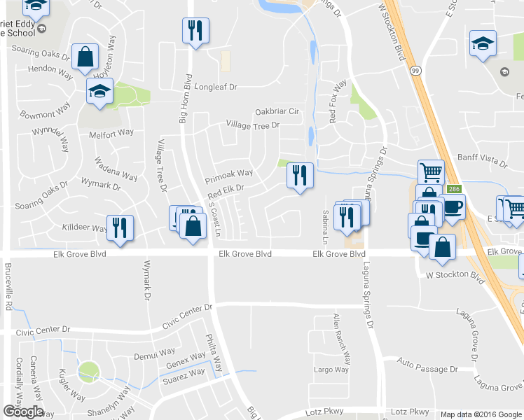 map of restaurants, bars, coffee shops, grocery stores, and more near 9586 Big Timber Drive in Elk Grove
